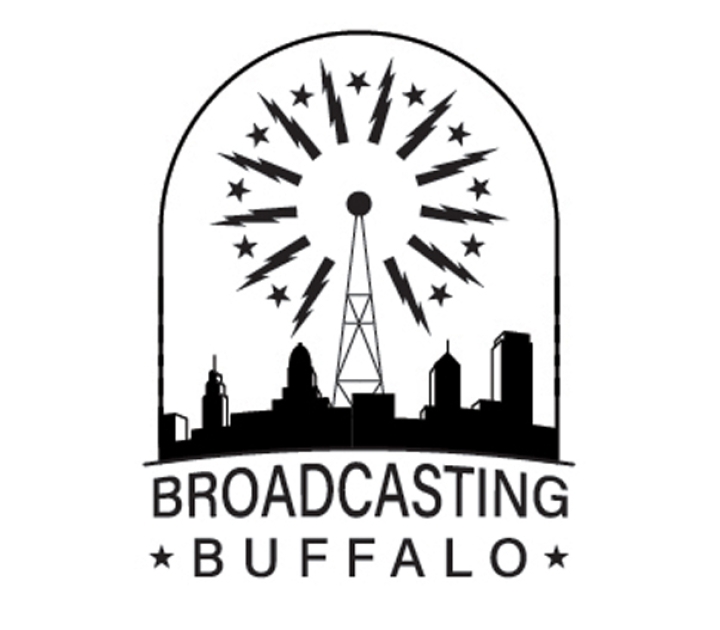 Broadcasting Buffalo logo illustration showing radio tower giving off signal over city skyline