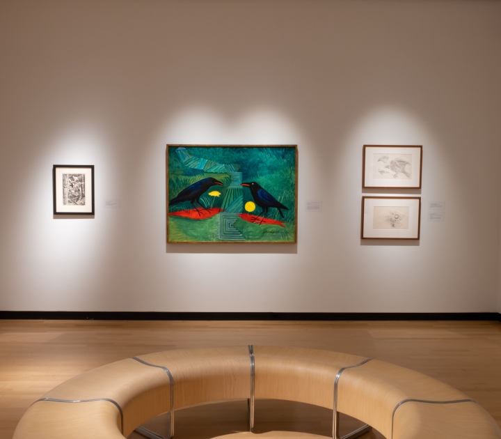 Paintings by Burchfield and Jemison juxaposed on gallery wall