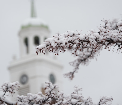 Rockwell Hall bell tower in winter