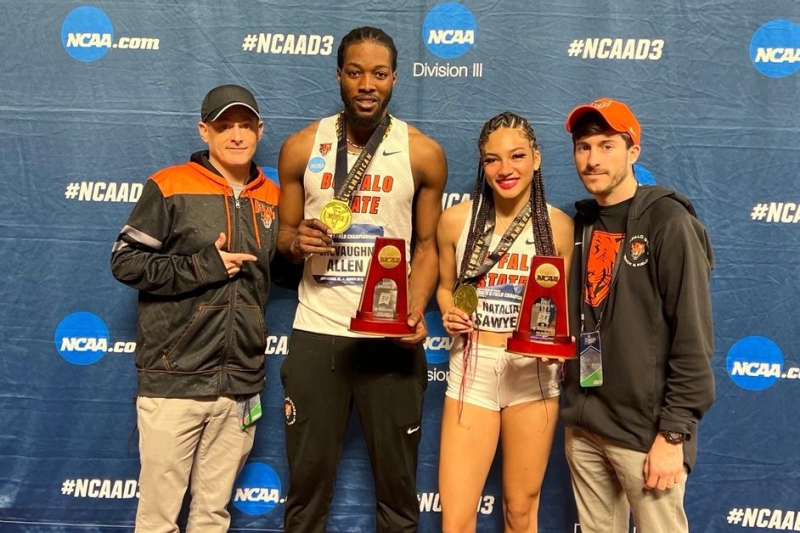 Allen and Sawyer, posing with their coaches, proudly display their medals