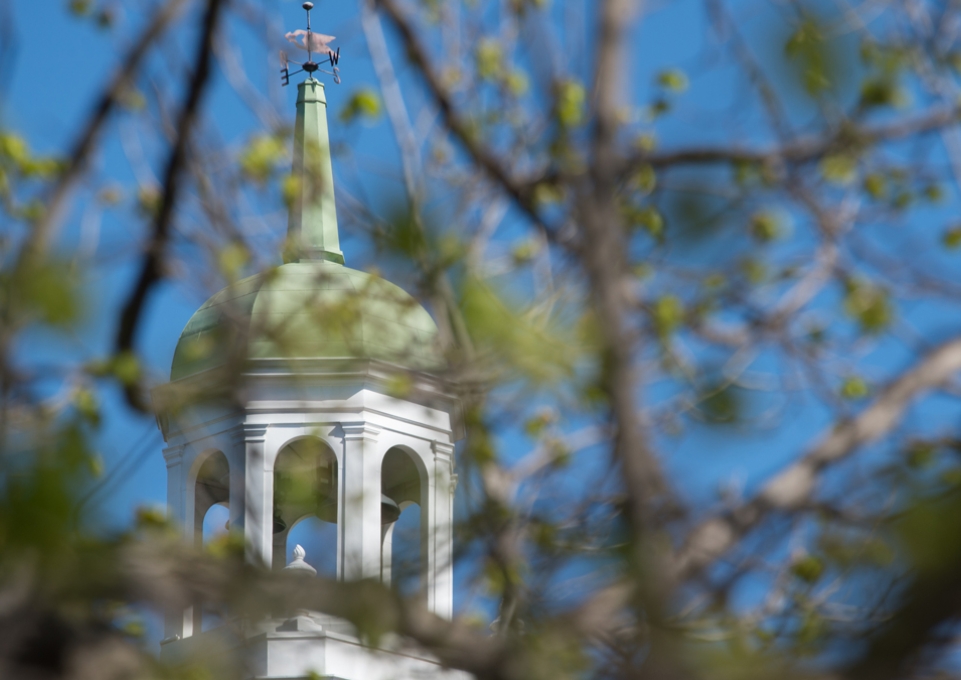 Rockwell Hall bell tower through the trees