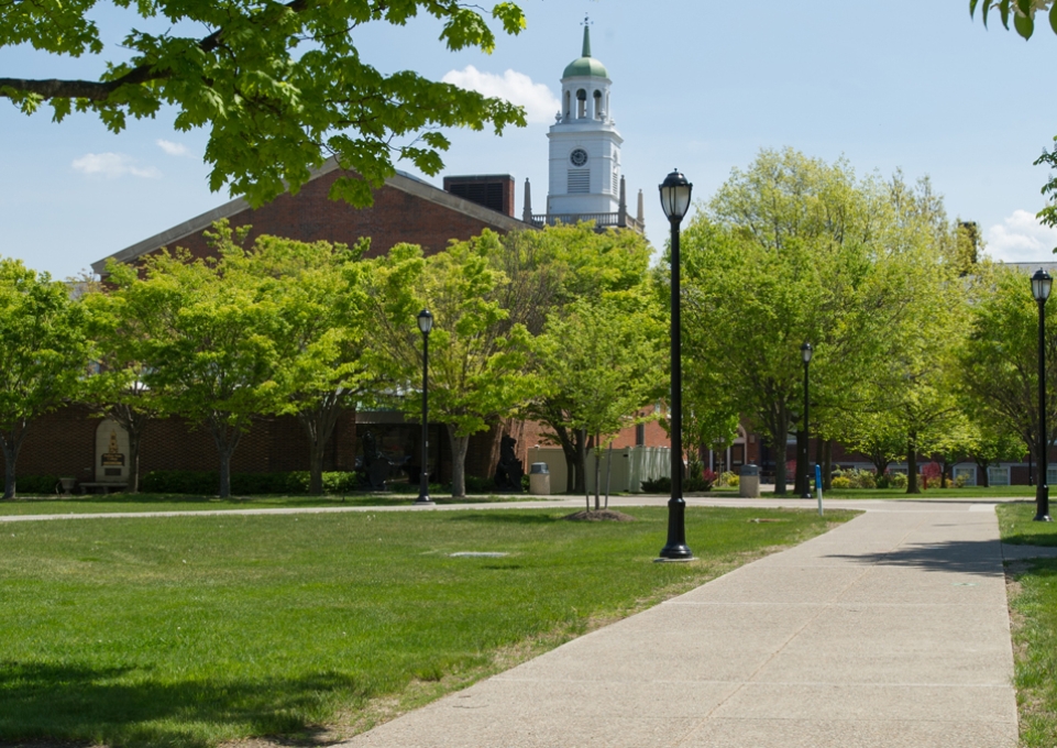 Rockwell Hall bell tower at the end of walkway