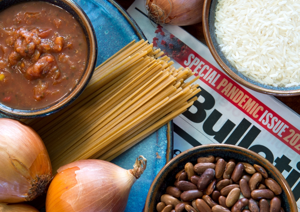 Onions, beans, pasta, and rice