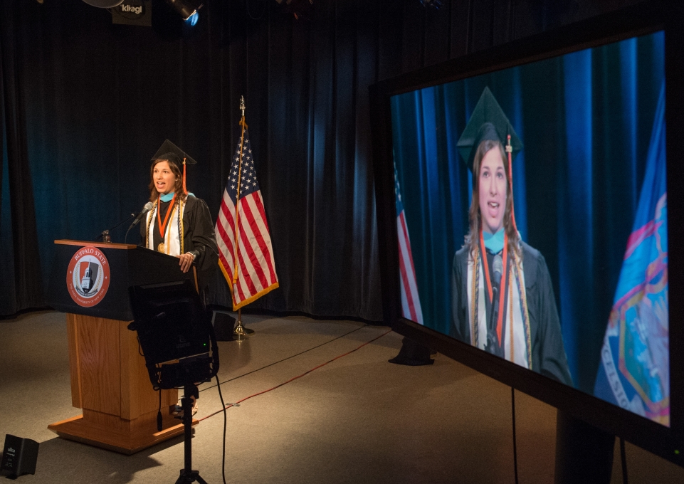 Christine Garas recording her commencement speech in the studio