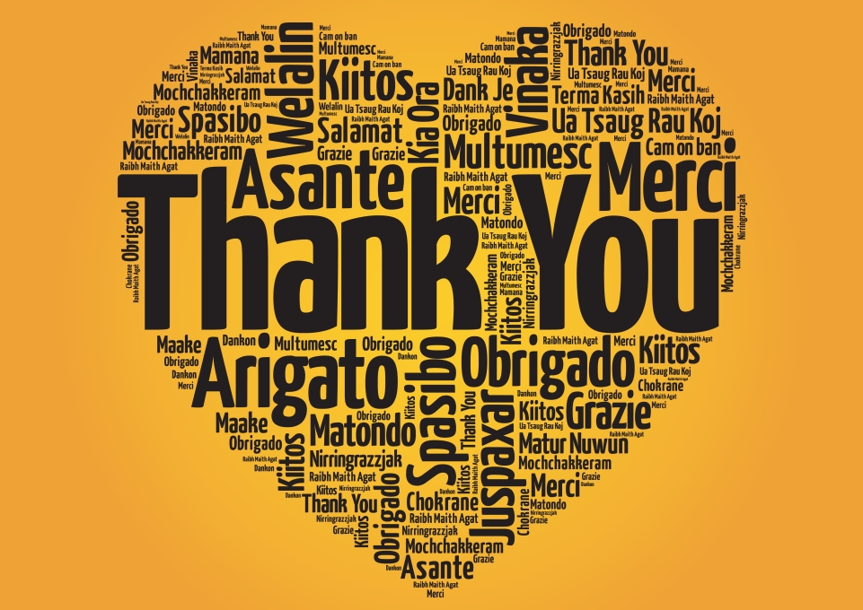 The word "thank you" in many languages arranged in the shape of a heart