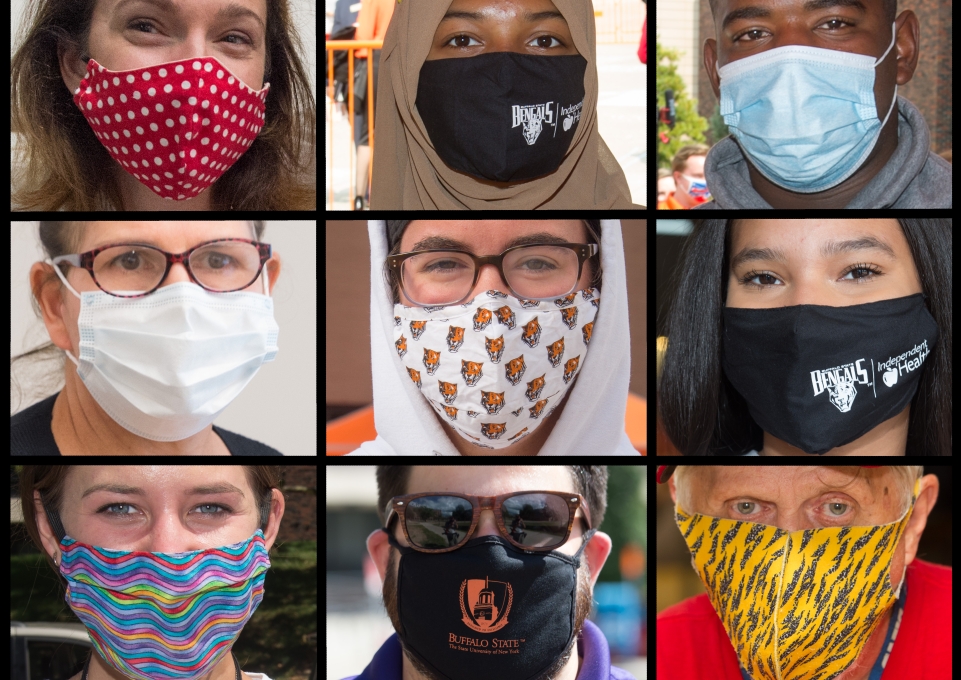 Three rows by three columns of faces wearing masks