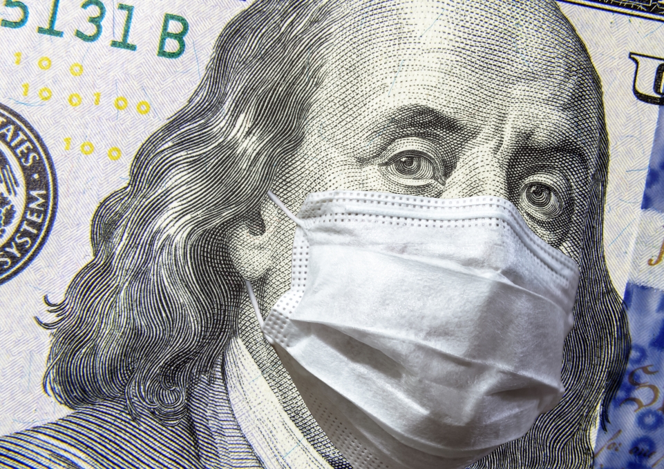 Illustration of Ben Franklin on the $100 bill wearing a face mask