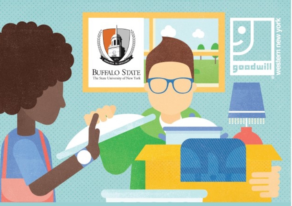 Cartoon illustration of someone holding several household items