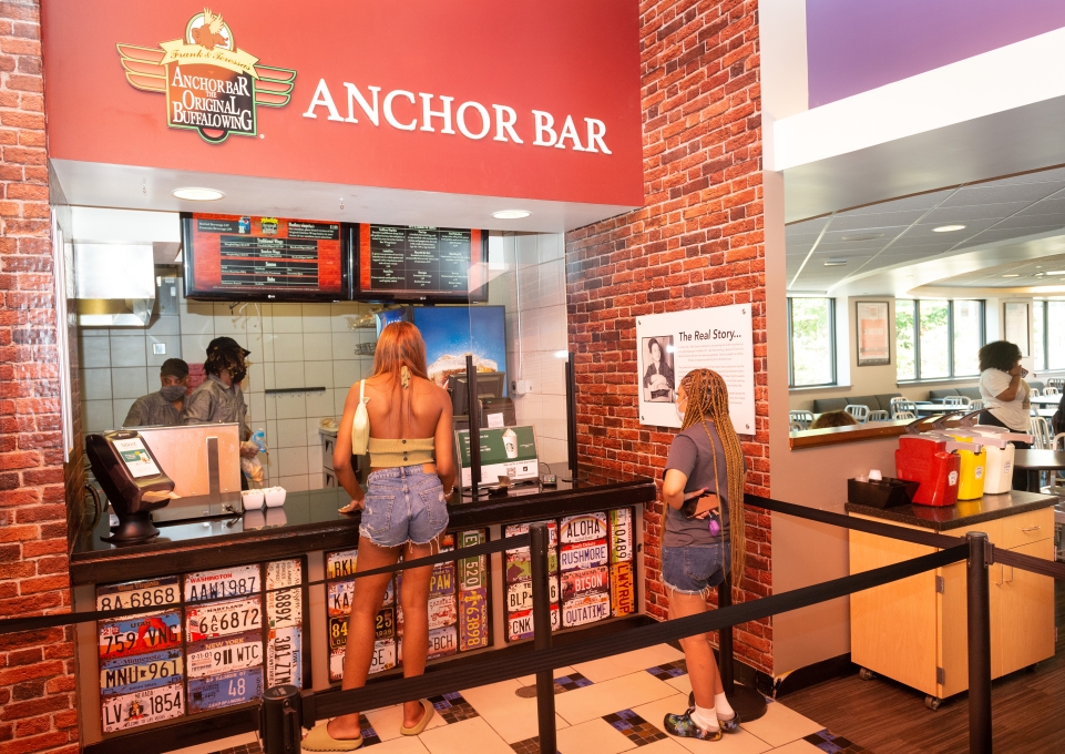 Students ordering from the Anchor Bar window