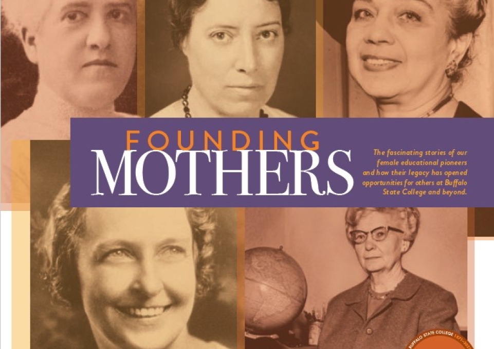 Cover of 1300 Elmwood summer 2021 issue showing a collage of black and white images of former Buffalo State female administrators