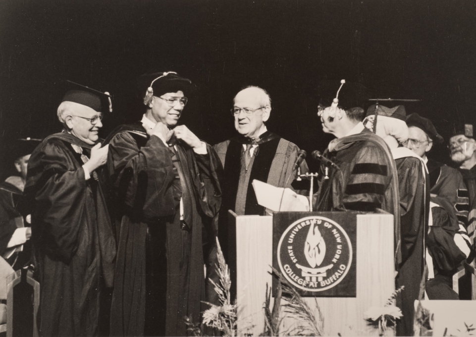 Colin Powell receiving honorary doctorate at Buffalo State Acadademic Convocation cerermony 1998