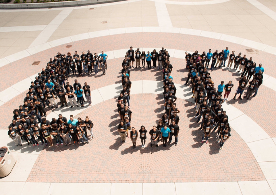 Aerial view of EOP students lined up to form the letters EOP