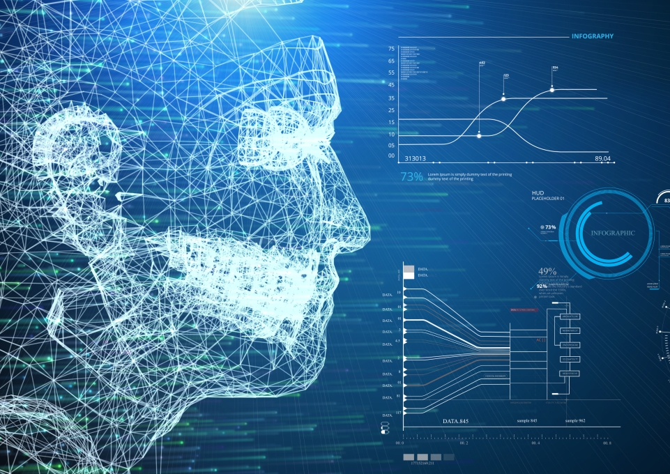 Digital image of human profile with various graphs, charts and other metrics