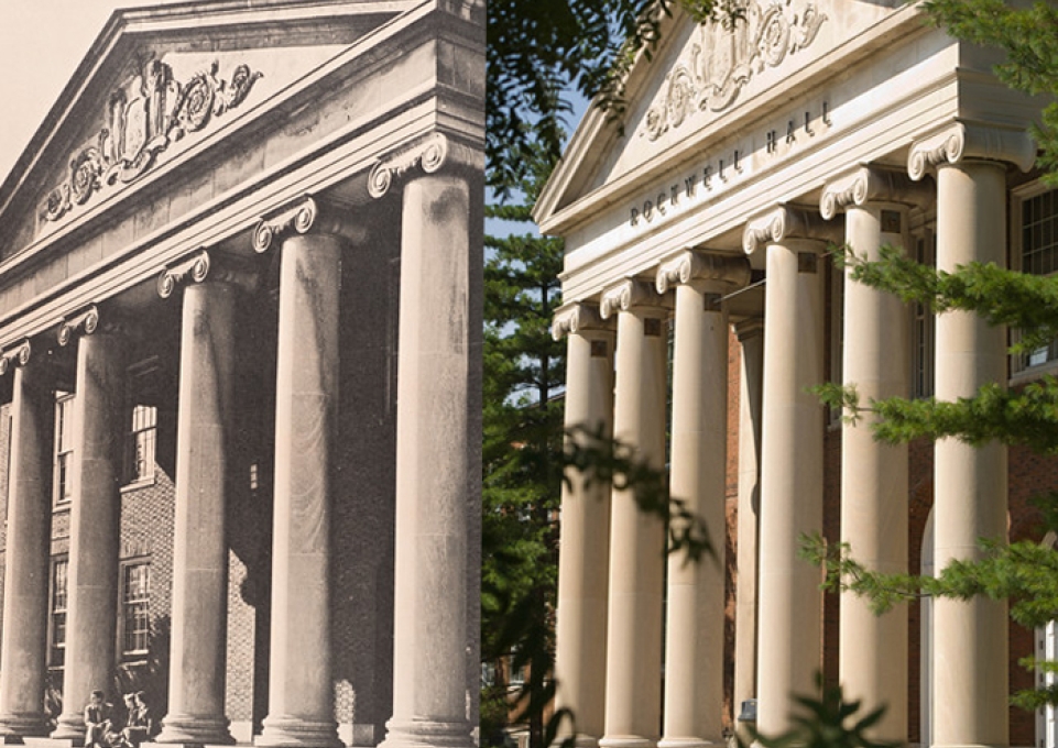 Juxtaposed images of Rockwell Hall, one black and white, one color
