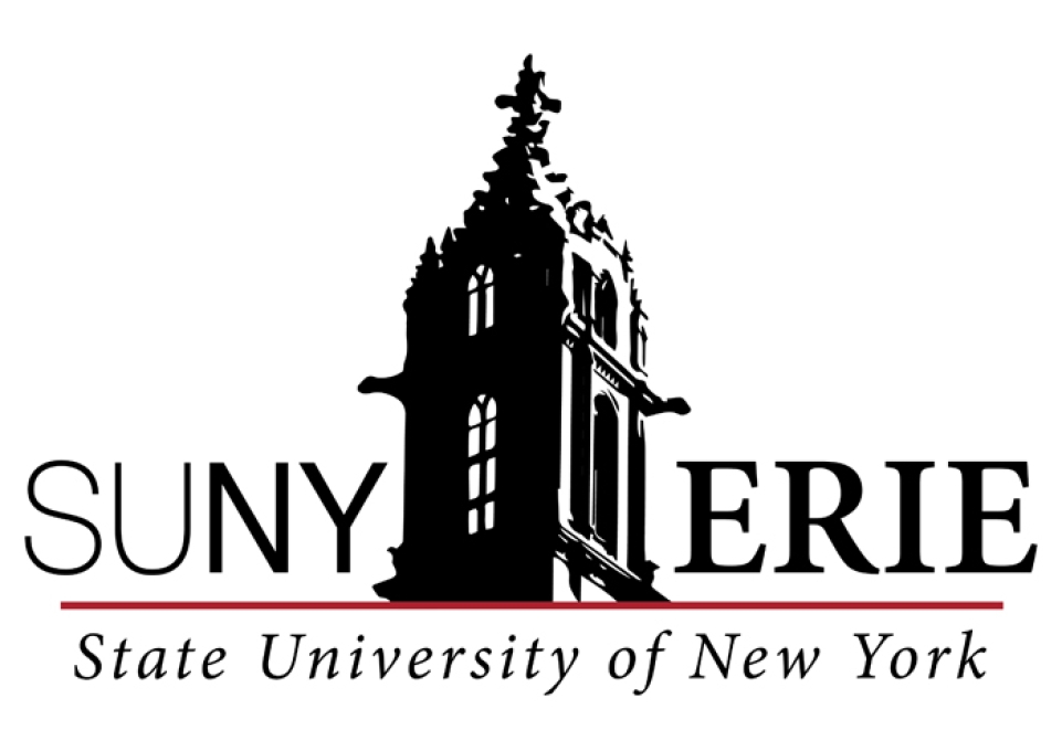 Black and white logo that shows stylized image of the city campus steeple and the words SUNY Erie and State University of New York