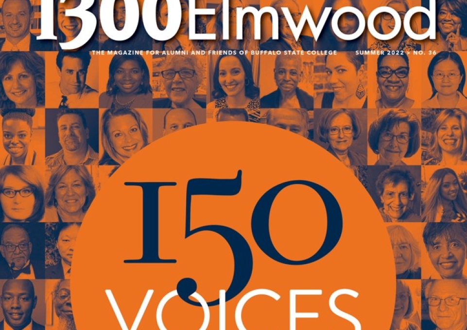 Cover of summer 2022 1300 Elmwood magazine showing 150 Voices cover story