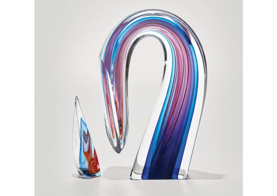 Art glass scupture by Harvey K. Littleton titled "Blue/Orchid Square Descending Form"