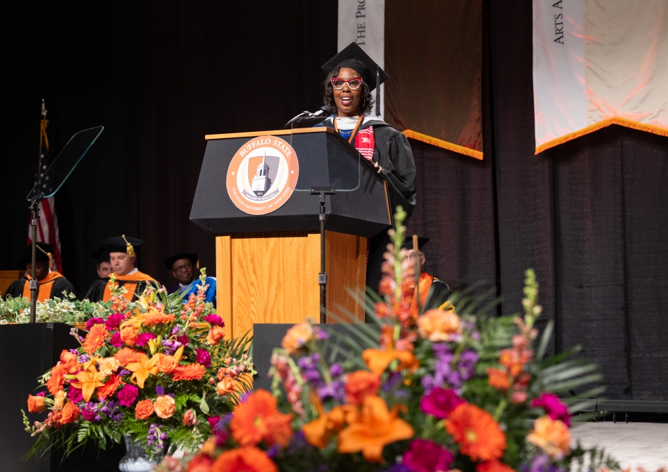 Morgan Hardy speaking at Commencement