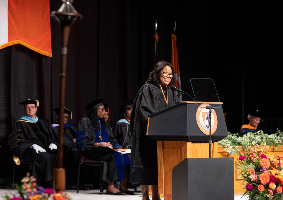 Karen Saxon speaking at Commencement